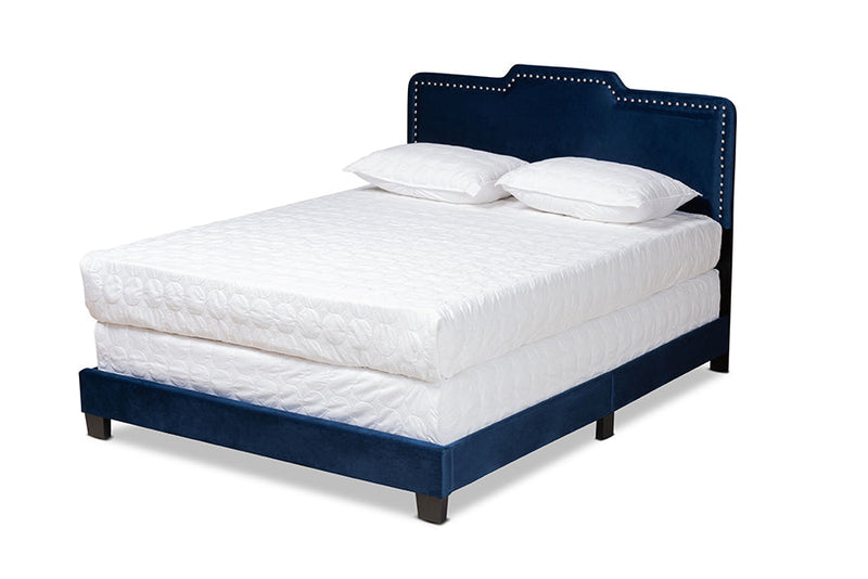Auburn Glam Navy Blue Velvet Fabric Upholstered Queen Size Panel Bed Baxton