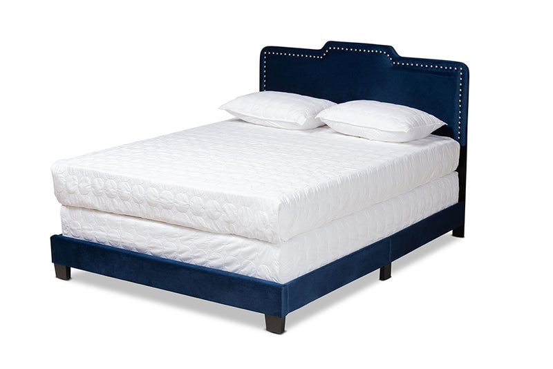 Auburn Modern and Contemporary Glam Navy Blue Velvet Fabric Upholstered Full Size Panel Bed