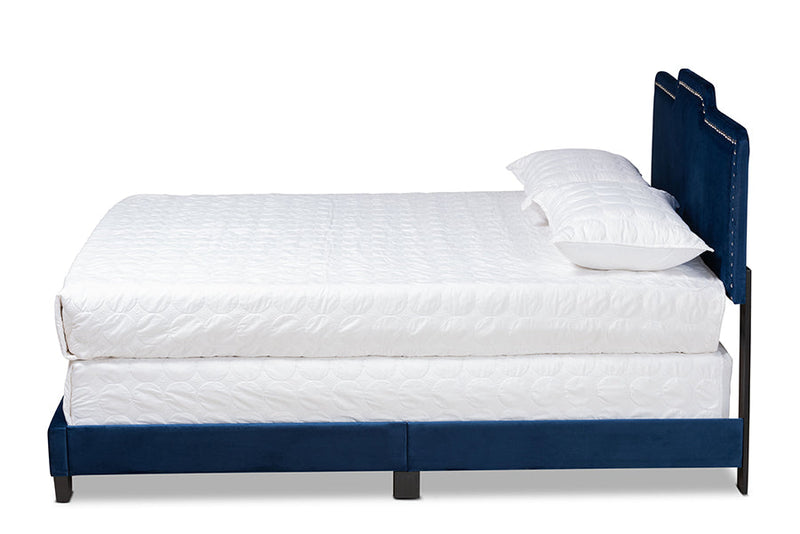 Auburn Glam Navy Blue Velvet Fabric Upholstered Queen Size Panel Bed Baxton