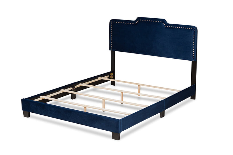 Auburn Glam Navy Blue Velvet Fabric Upholstered Queen Size Panel Bed Baxton