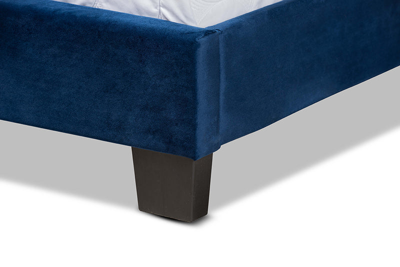 Auburn Modern and Contemporary Glam Navy Blue Velvet Fabric Upholstered Queen Size Panel Bed