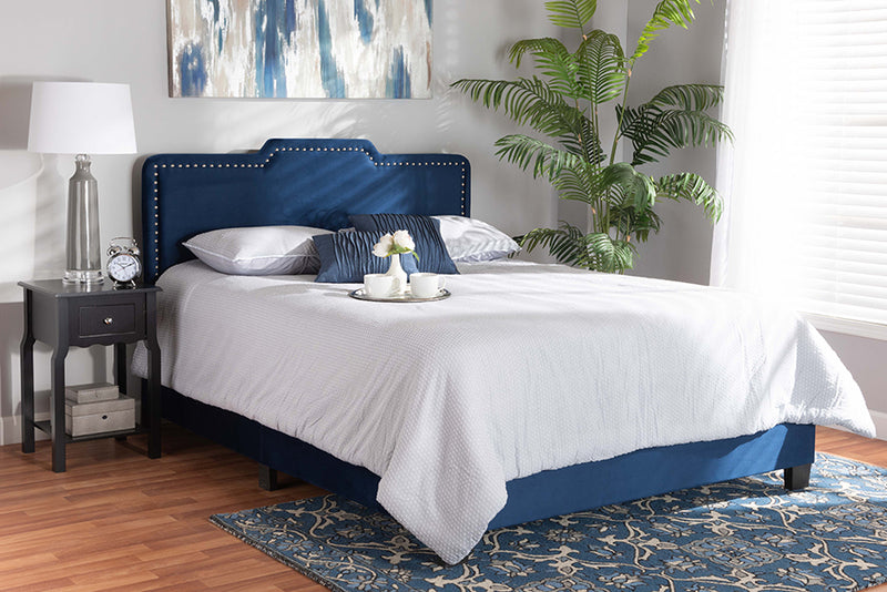 Auburn Modern and Contemporary Glam Navy Blue Velvet Fabric Upholstered Queen Size Panel Bed