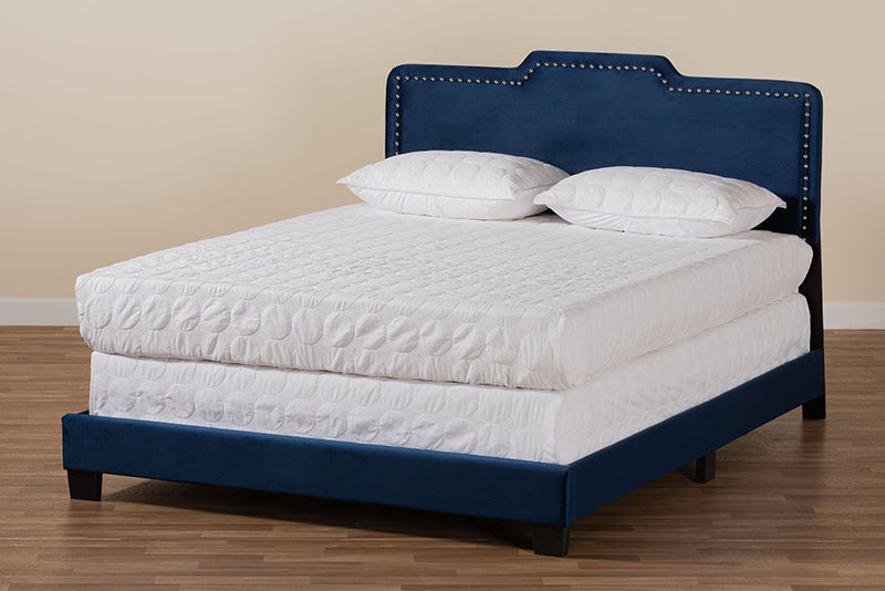 Auburn Glam Navy Blue Velvet Fabric Upholstered Queen Size Panel Bed Baxton