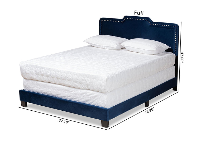 Auburn Modern and Contemporary Glam Navy Blue Velvet Fabric Upholstered Queen Size Panel Bed