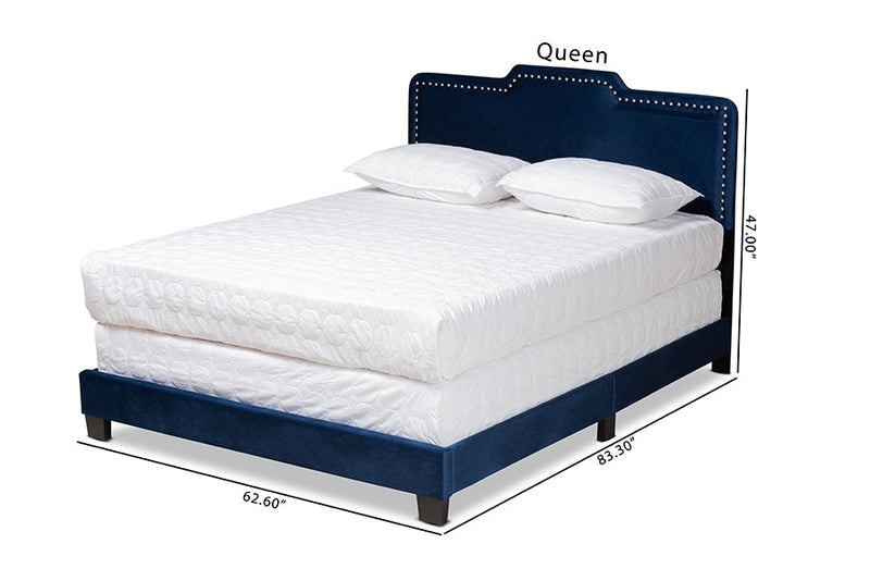 Auburn Glam Navy Blue Velvet Fabric Upholstered Queen Size Panel Bed Baxton