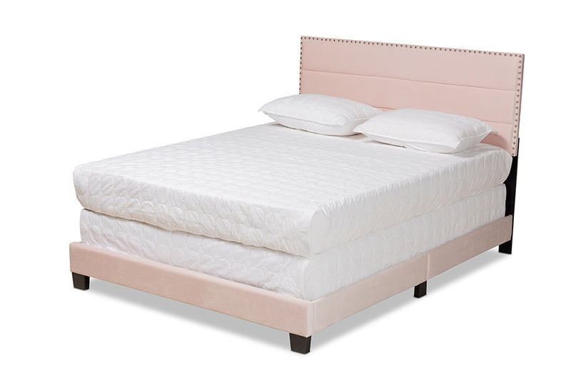 Ubud Glam Light Pink Velvet Fabric Upholstered Queen Size Panel Bed Baxton