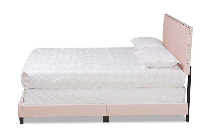 Ubud Glam Light Pink Velvet Fabric Upholstered Queen Size Panel Bed Baxton