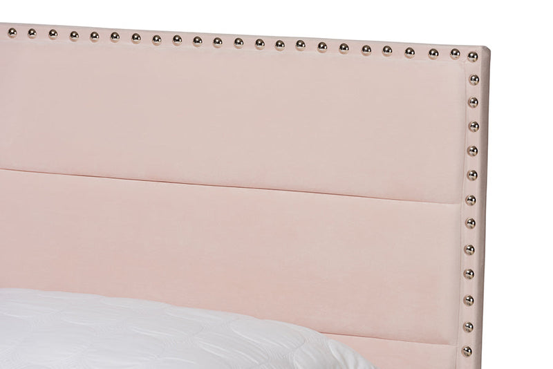 Ubud Glam Light Pink Velvet Fabric Upholstered Queen Size Panel Bed Baxton