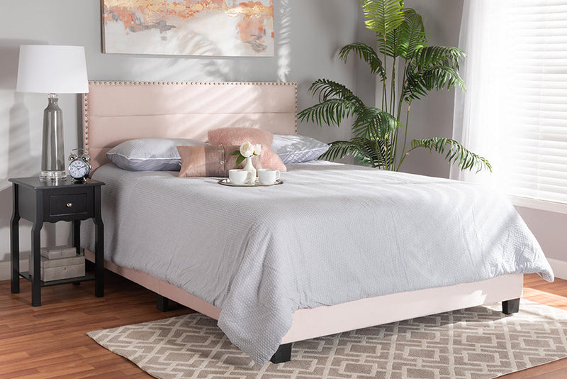 Ubud Glam Light Pink Velvet Fabric Upholstered Queen Size Panel Bed Baxton