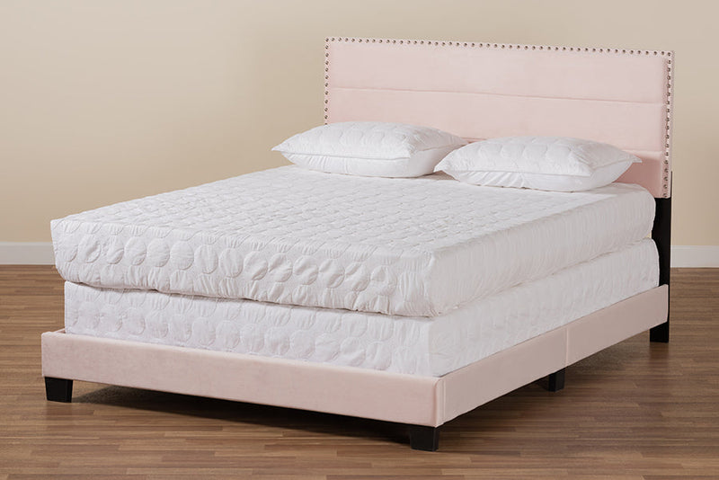 Ubud Glam Light Pink Velvet Fabric Upholstered Queen Size Panel Bed Baxton