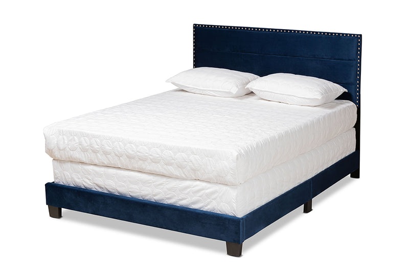 Ubud Modern and Contemporary Glam Navy Blue Velvet Fabric Upholstered Queen Size Panel Bed