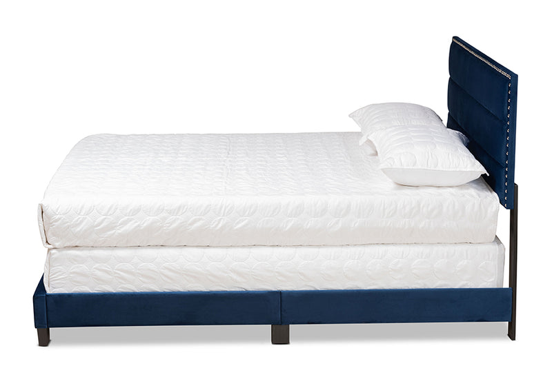 Ubud Modern and Contemporary Glam Navy Blue Velvet Fabric Upholstered Queen Size Panel Bed