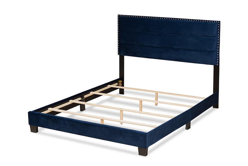 Ubud Modern and Contemporary Glam Navy Blue Velvet Fabric Upholstered Queen Size Panel Bed