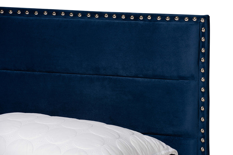 Ubud Modern and Contemporary Glam Navy Blue Velvet Fabric Upholstered Queen Size Panel Bed