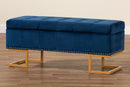 Carville Navy Blue Velvet Fabric Gold Finished Metal Storage Ottoman Baxton