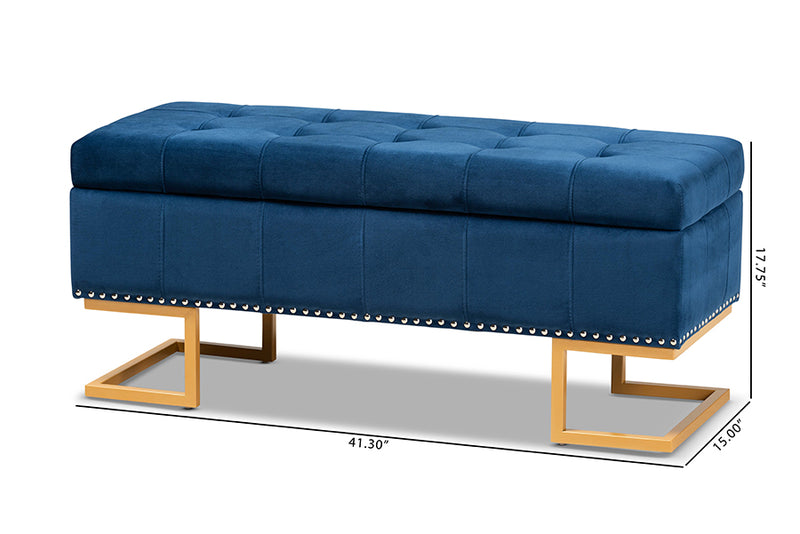 Carville Luxe and Glam Navy Blue Velvet Fabric Upholstered and Gold Finished Metal Storage Ottoman