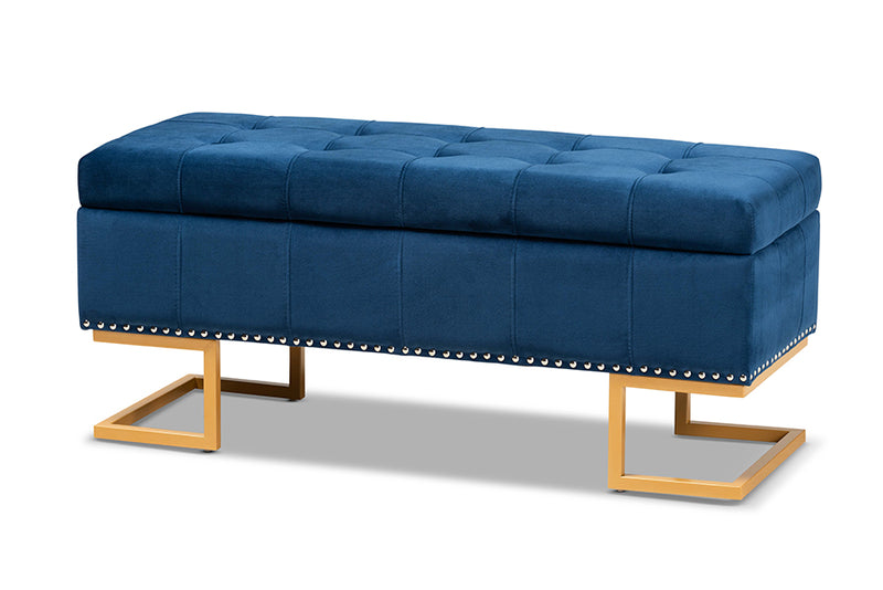 Carville Luxe and Glam Navy Blue Velvet Fabric Upholstered and Gold Finished Metal Storage Ottoman