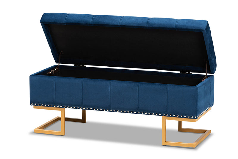 Carville Luxe and Glam Navy Blue Velvet Fabric Upholstered and Gold Finished Metal Storage Ottoman