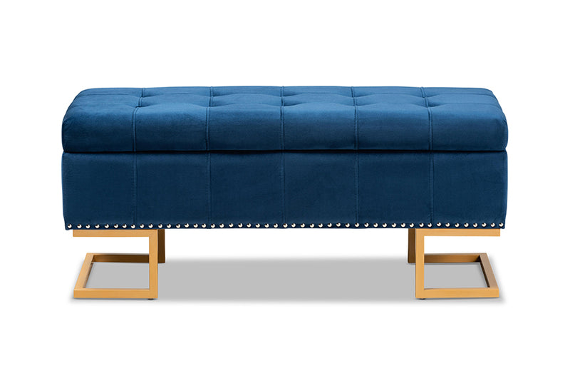 Carville Luxe and Glam Navy Blue Velvet Fabric Upholstered and Gold Finished Metal Storage Ottoman