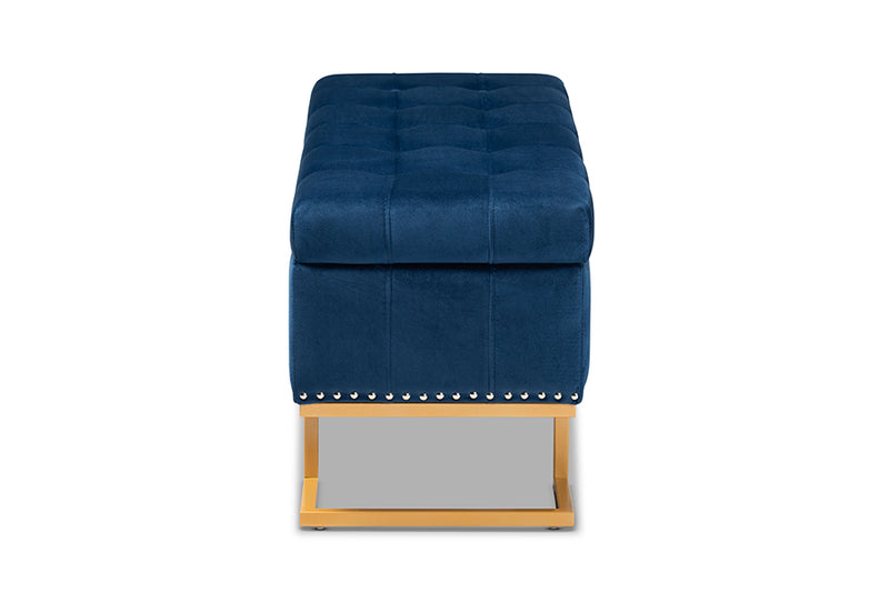 Carville Luxe and Glam Navy Blue Velvet Fabric Upholstered and Gold Finished Metal Storage Ottoman