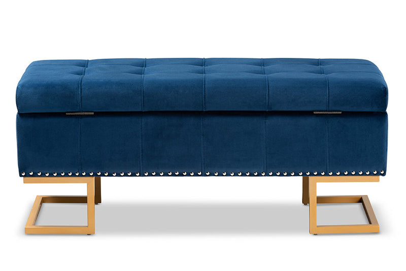 Carville Navy Blue Velvet Fabric Gold Finished Metal Storage Ottoman Baxton