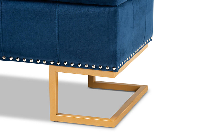 Carville Luxe and Glam Navy Blue Velvet Fabric Upholstered and Gold Finished Metal Storage Ottoman