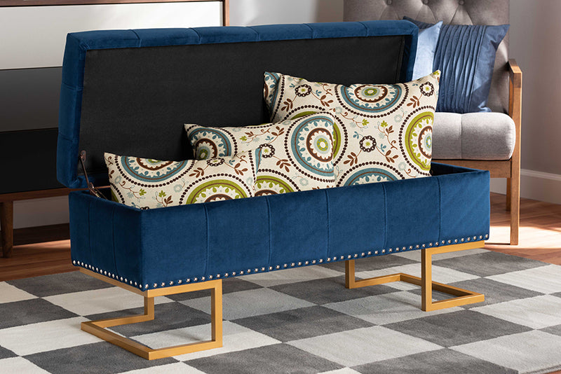 Carville Luxe and Glam Navy Blue Velvet Fabric Upholstered and Gold Finished Metal Storage Ottoman