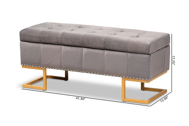 Carville Luxe and Glam Gray Velvet Fabric Upholstered and Gold Finished Metal Storage Ottoman