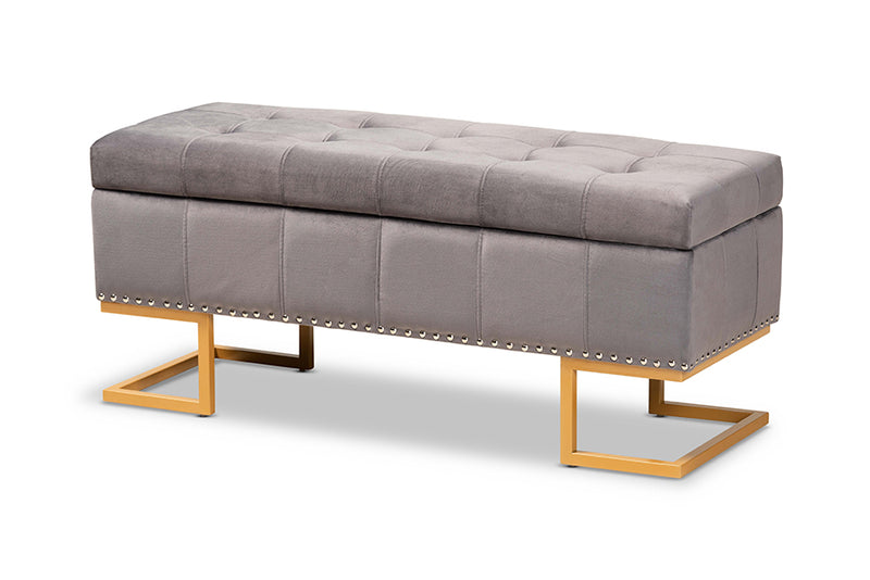 Carville Luxe and Glam Gray Velvet Fabric Upholstered and Gold Finished Metal Storage Ottoman