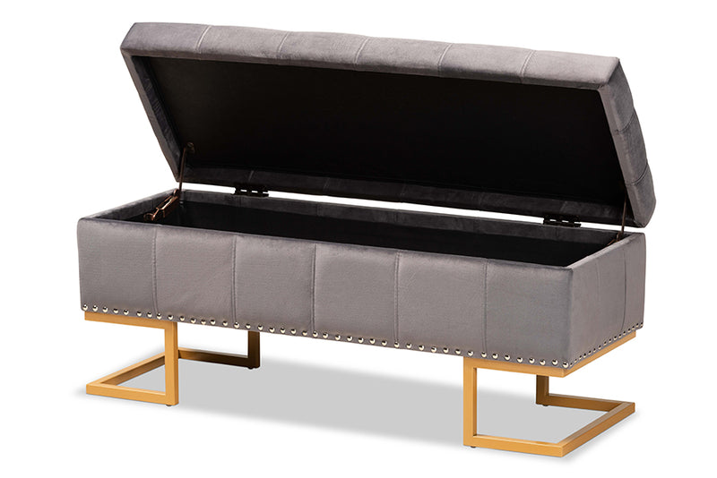 Carville Luxe and Glam Gray Velvet Fabric Upholstered and Gold Finished Metal Storage Ottoman