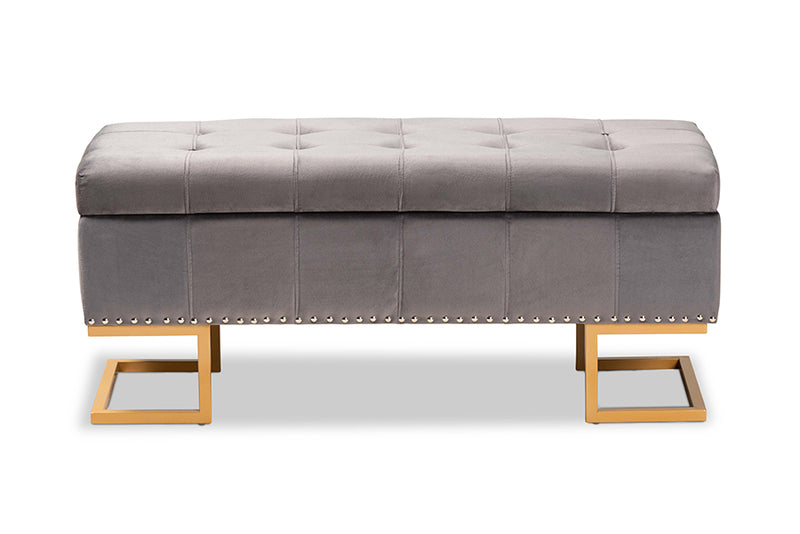 Carville Luxe and Glam Gray Velvet Fabric Upholstered and Gold Finished Metal Storage Ottoman