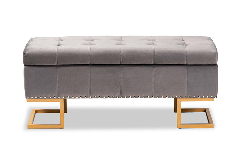 Carville Gray Velvet Fabric Upholstered and Gold Finished Metal Storage Ottoman Baxton