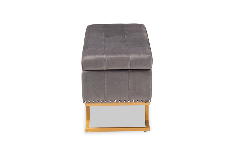 Carville Luxe and Glam Gray Velvet Fabric Upholstered and Gold Finished Metal Storage Ottoman