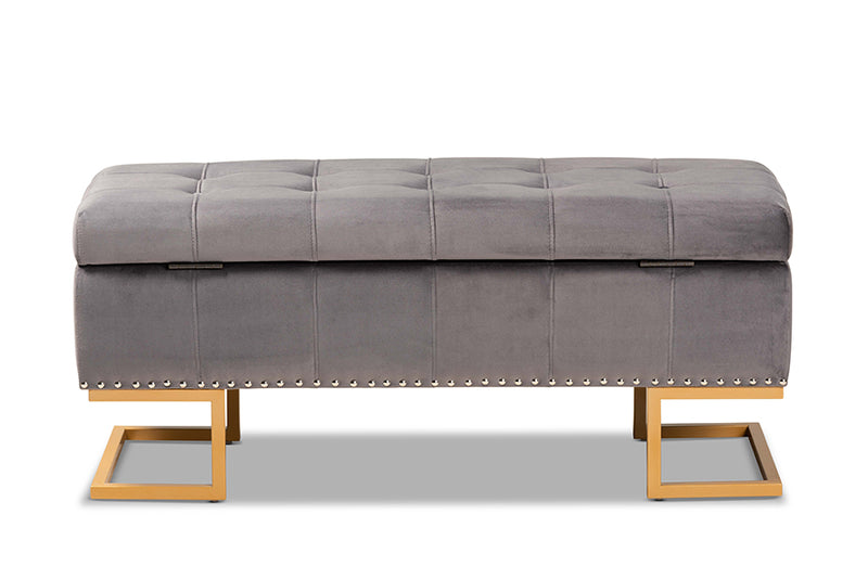 Carville Luxe and Glam Gray Velvet Fabric Upholstered and Gold Finished Metal Storage Ottoman