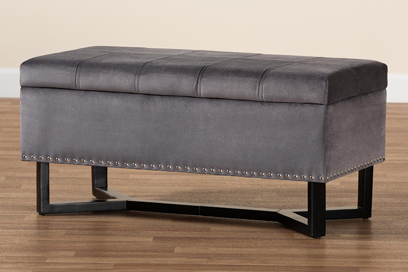 Barrington Modern and Contemporary Gray Velvet Fabric Upholstered and Dark Brown Finished Wood Storage Ottoman