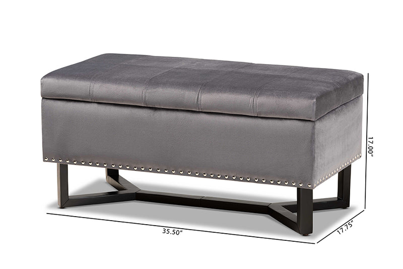 Barrington Modern and Contemporary Gray Velvet Fabric Upholstered and Dark Brown Finished Wood Storage Ottoman