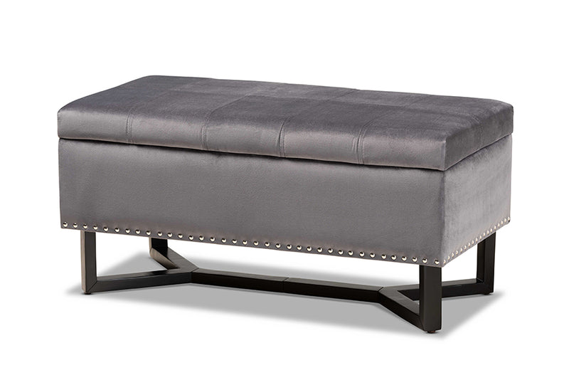 Barrington Modern and Contemporary Gray Velvet Fabric Upholstered and Dark Brown Finished Wood Storage Ottoman