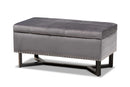 Barrington Gray Velvet Fabric Upholstered and Dark Brown Storage Ottoman Baxton