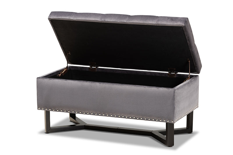 Barrington Modern and Contemporary Gray Velvet Fabric Upholstered and Dark Brown Finished Wood Storage Ottoman