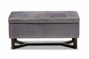 Barrington Gray Velvet Fabric Upholstered and Dark Brown Storage Ottoman Baxton