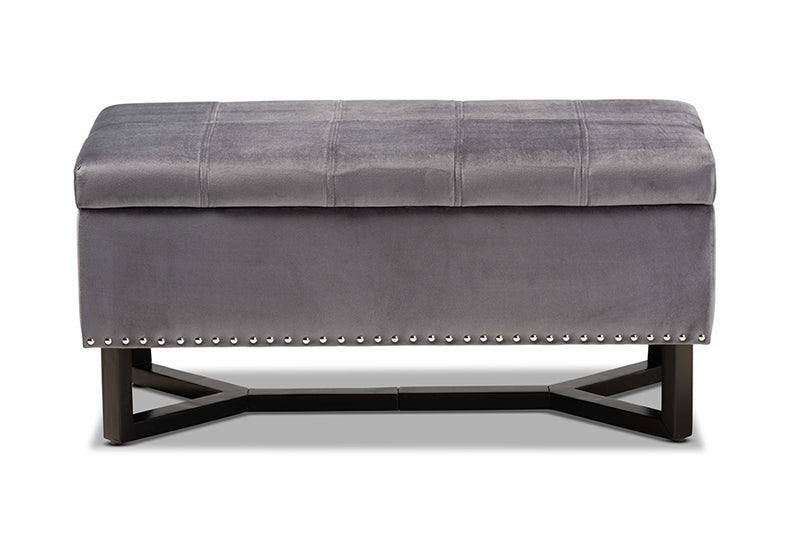 Barrington Modern and Contemporary Gray Velvet Fabric Upholstered and Dark Brown Finished Wood Storage Ottoman