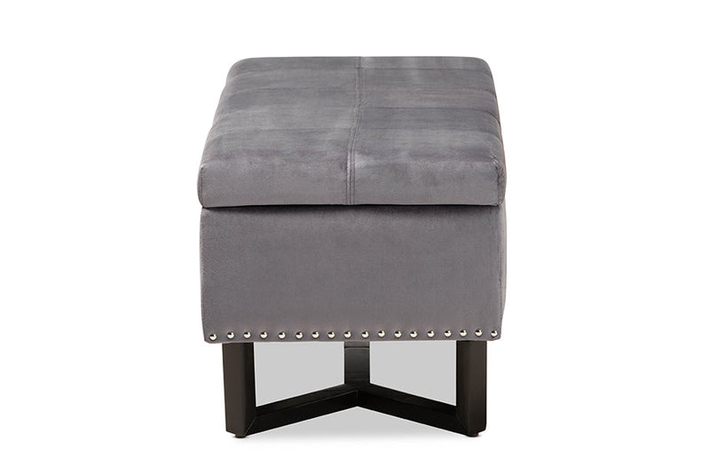 Barrington Gray Velvet Fabric Upholstered and Dark Brown Storage Ottoman Baxton