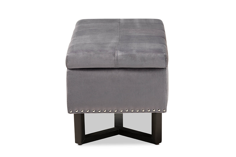 Barrington Modern and Contemporary Gray Velvet Fabric Upholstered and Dark Brown Finished Wood Storage Ottoman