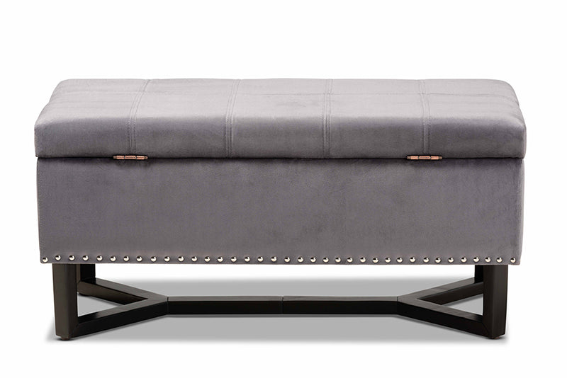 Barrington Modern and Contemporary Gray Velvet Fabric Upholstered and Dark Brown Finished Wood Storage Ottoman