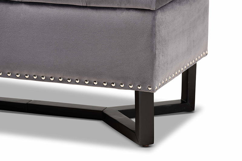 Barrington Modern and Contemporary Gray Velvet Fabric Upholstered and Dark Brown Finished Wood Storage Ottoman