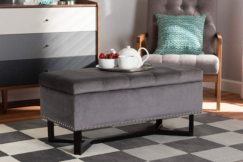 Barrington Gray Velvet Fabric Upholstered and Dark Brown Storage Ottoman Baxton
