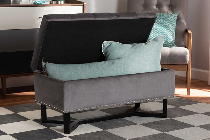 Barrington Modern and Contemporary Gray Velvet Fabric Upholstered and Dark Brown Finished Wood Storage Ottoman