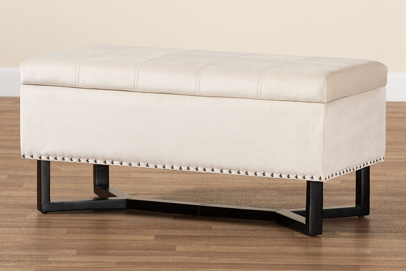 Barrington Beige Velvet Fabric Upholstered and Dark Brown Storage Ottoman Baxton