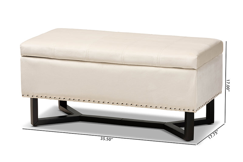 Barrington Modern and Contemporary Beige Velvet Fabric Upholstered and Dark Brown Finished Wood Storage Ottoman