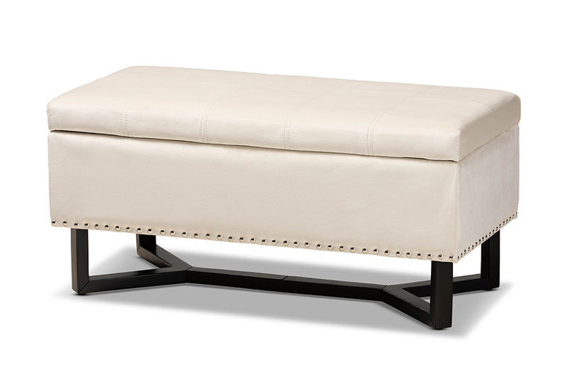 Barrington Modern and Contemporary Beige Velvet Fabric Upholstered and Dark Brown Finished Wood Storage Ottoman